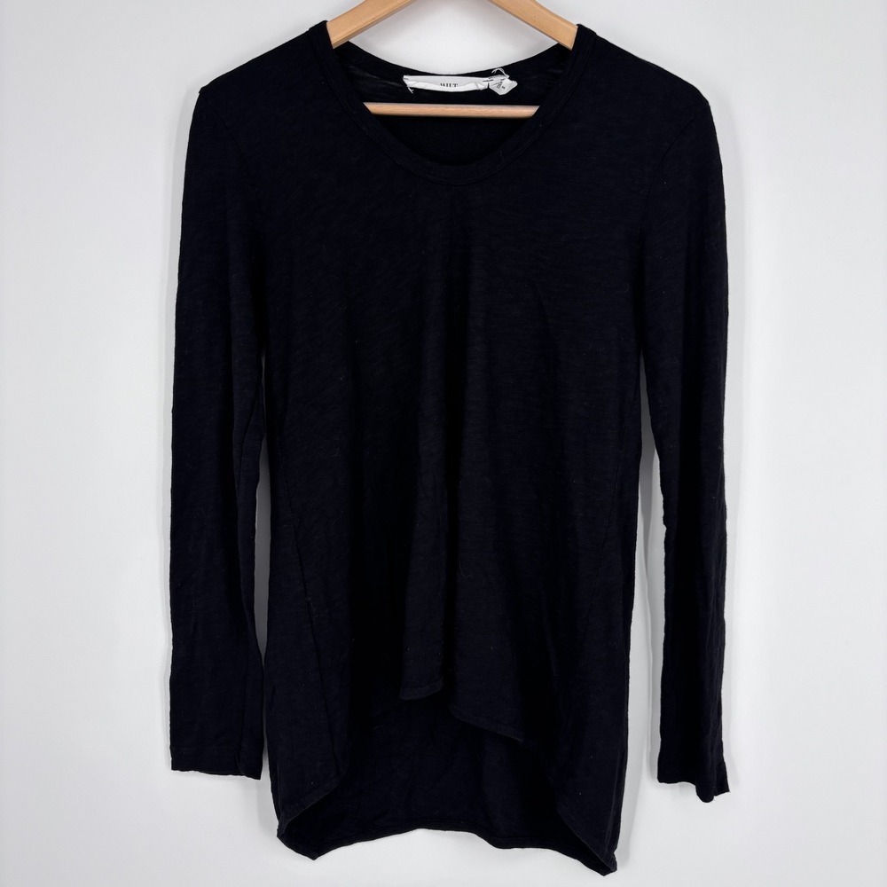 WILT Long Sleeve Top Womens Small Black Cotton Slub High Low Hem Sustainable USA